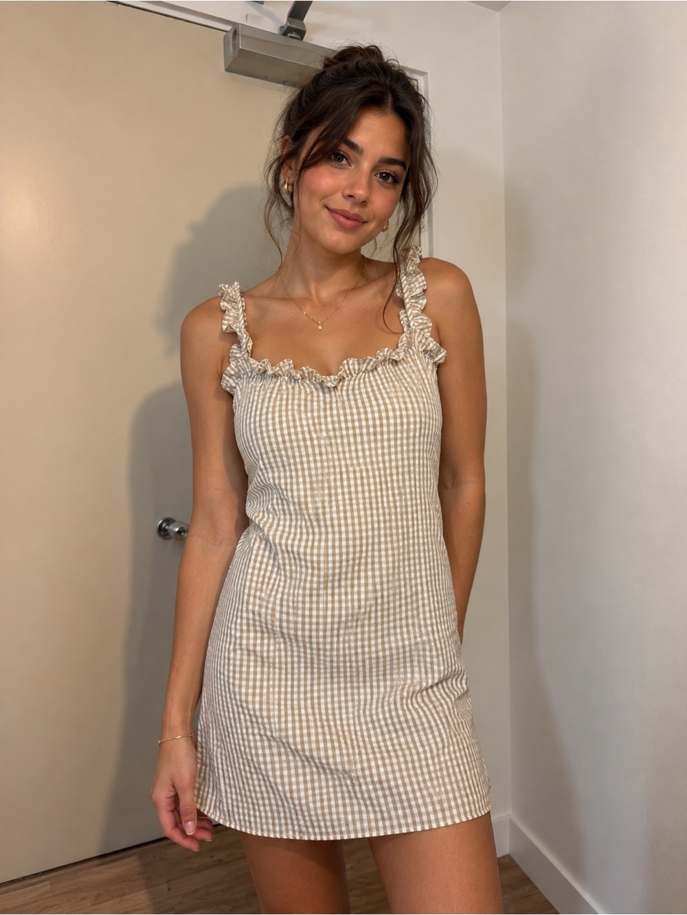 Missguided Beige and White Gingham Ruffle Strap Mini Dress